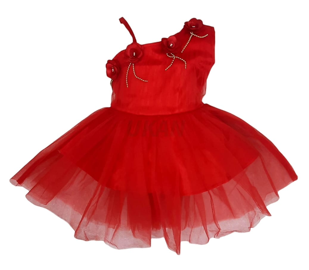 Baby Girl's Round Neck Knee Length Frock Red Dress(WLT-1058_1-2 Years) -  Wish little - 3746875