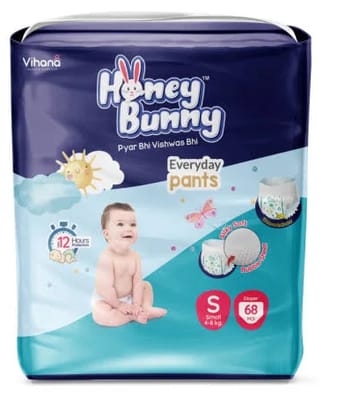 Honey Bunny Everyday Baby Pants Dipers with Wetness Indicator, Silky Soft - Bubble sheet, Small -(4-8 kgs) pack of 68 pcs
