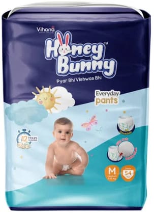 Honey Bunny Everyday Baby Pants Dipers with Wetness Indicator, Silky Soft - Bubble sheet, medium pack of 54