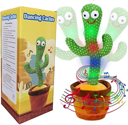 MAVDI Dancing Cactus Plush Toy USB Charging, Sing 120 Songs, Recording, Repeats What You say and emit Colored Lights, Gifts of Fun Toys for Boys (Talking Cactus - Rechargeable)