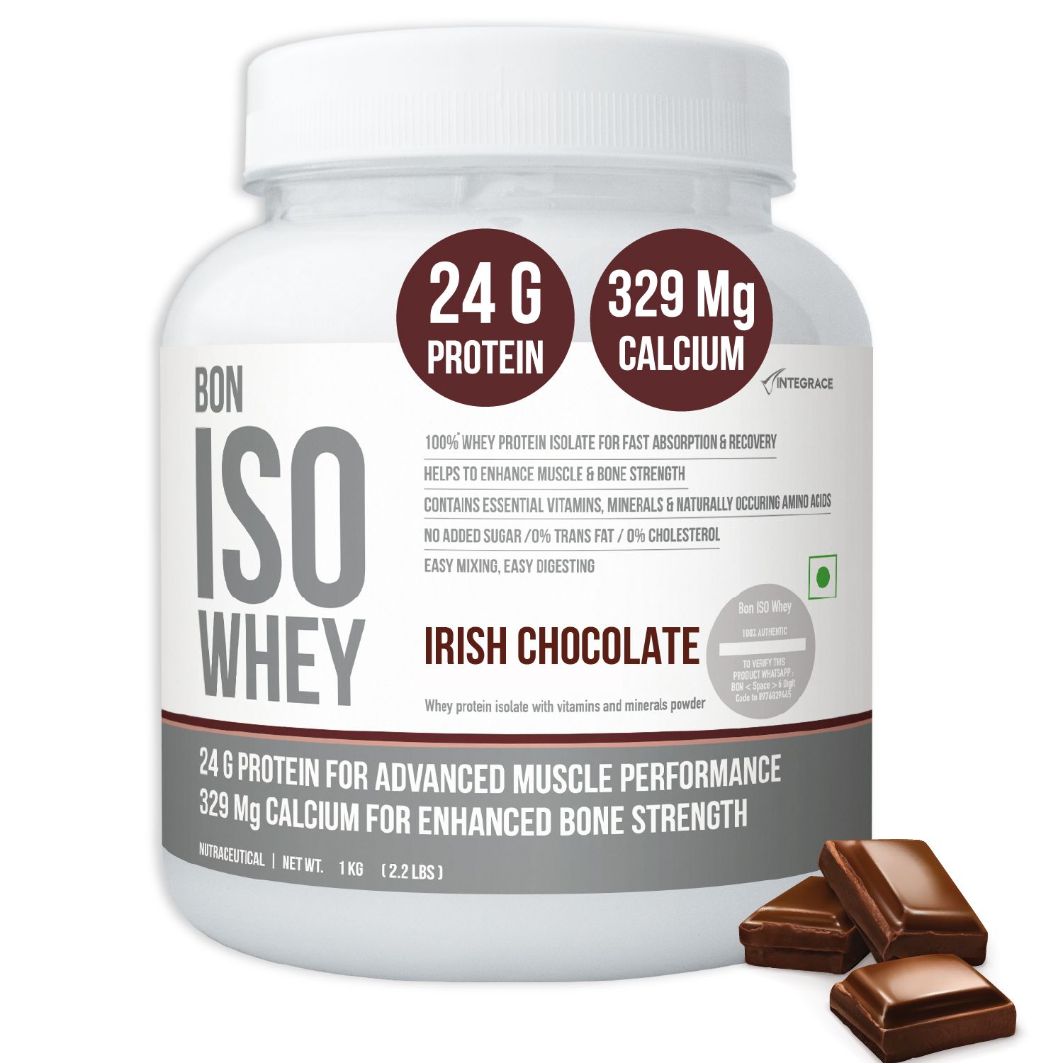 BON ISO WHEY 100% Protein Isolate | 1 kg, 33 Servings | Muscle Strength and Bone Health | 24g Protein, 329mg Calcium, 5.5g BCAA, Essential Vitamins, Minerals | For All Gender | Athletes, Sports, Fitness Enthusiasts