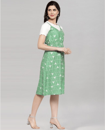 ATTIRIS Women's Poly Cotton Printed A-Line Knee Length T - Shirt Style Round Neck Dress, Green