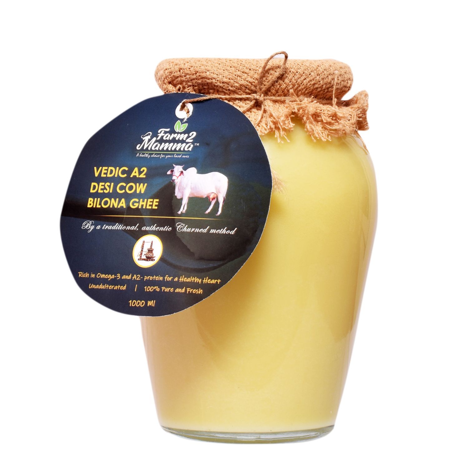 Farm2Mamma Vedic A2 Certified Desi Cow Bilona Ghee 1Ltr, Curd Churned, Authentic & Immunity Booster