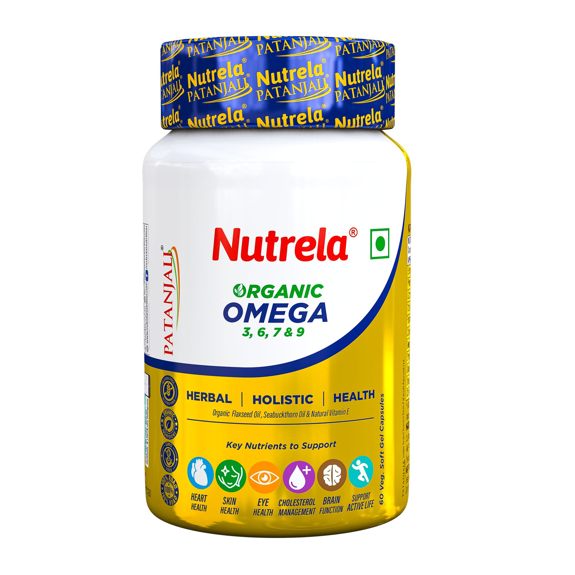 NUTRELA Organic Omega 3 6 7 & 9 Nutrition Supplement for Muscle, Bone, Heart, Eye, Skin, Brain & Support Active Life - 60 Veg Softgel | Ideal for Men & Women | EPA 200mg & DHA 150mg