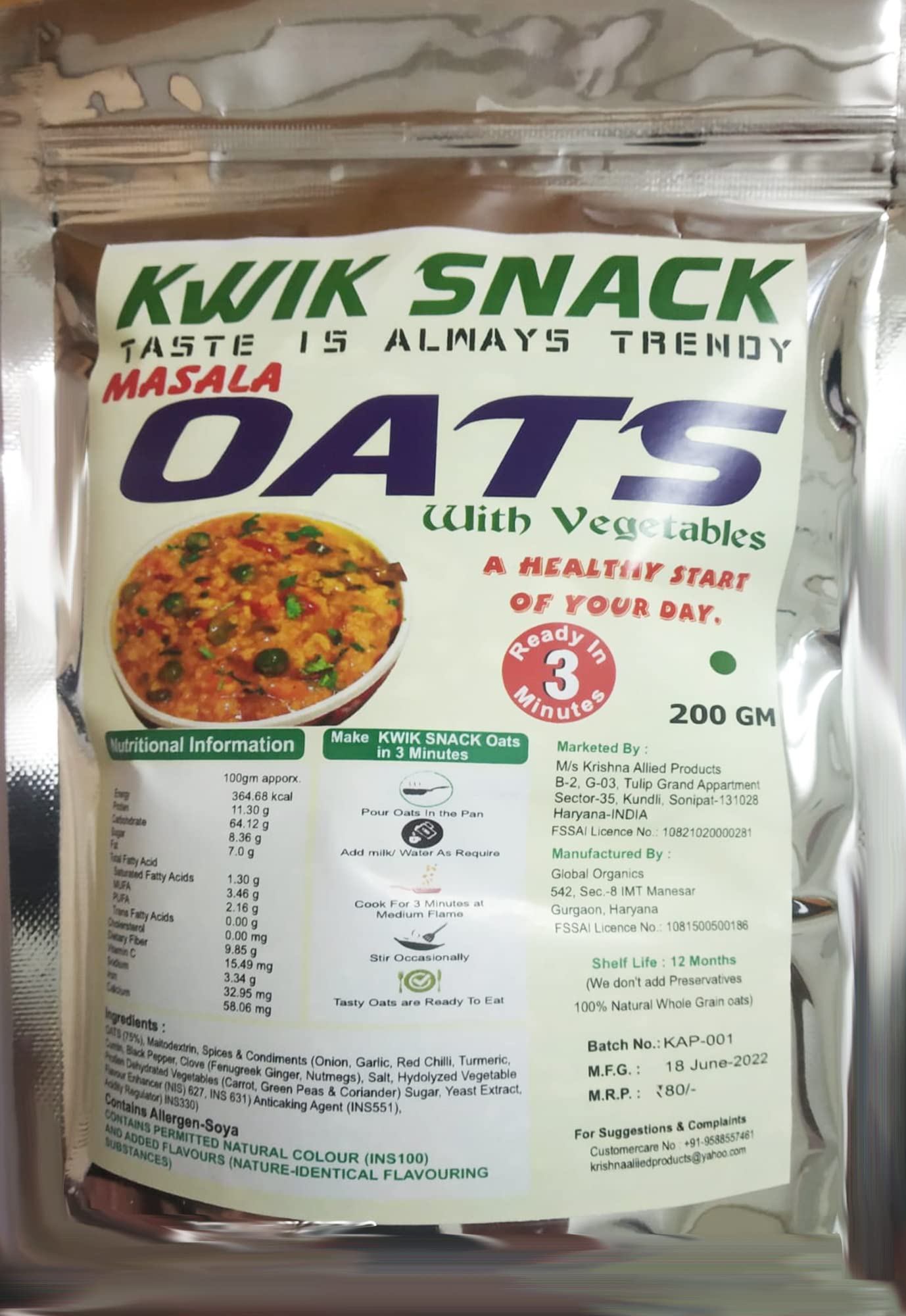 KWIK SNACK MASALA OATS 200 GM POUCH - 063