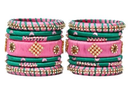 BENIWAL COLLECTION Handmade Kundan Silk Thread Bangles Set ,Latest Beautiful Churiya for Ladies and girls Party and Casual Wear Green & Pink (Set of 14)