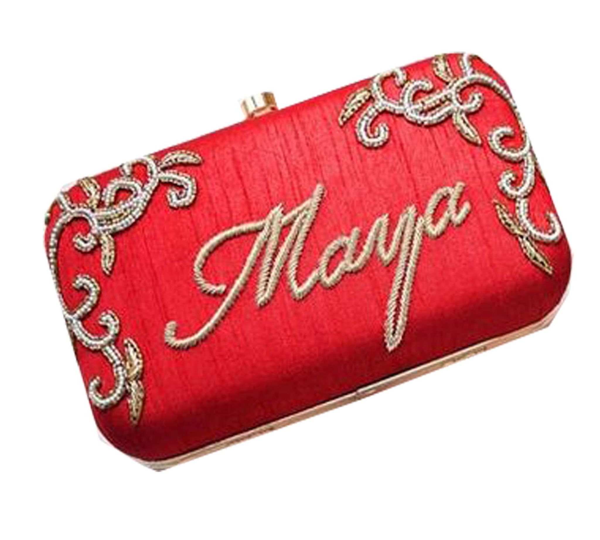 Hand Embroidery Red 8 * 4 clutch with Customized your name Double side work for women