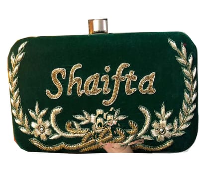 Personalized/Customized Hand Embroidery Green 8 * 4 clutch with Customization/Personalization your name Double side work for women