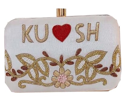 Personalized/Customized Hand Embroidery White 8 * 4 clutch with Customization/Personalization your name Double side work for women