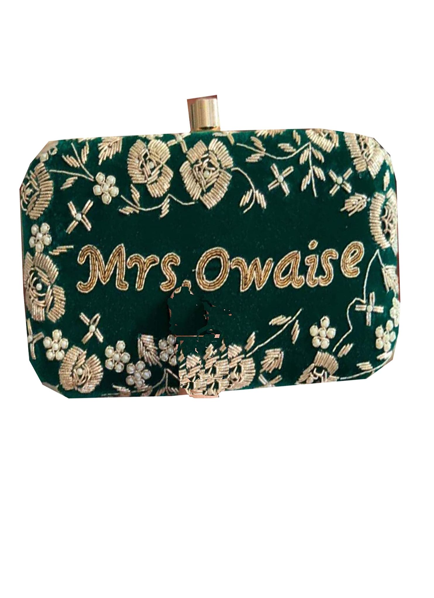 Personalized/Customized Hand Embroidery Green clutch with Customization/Personalization your name Double side work for women