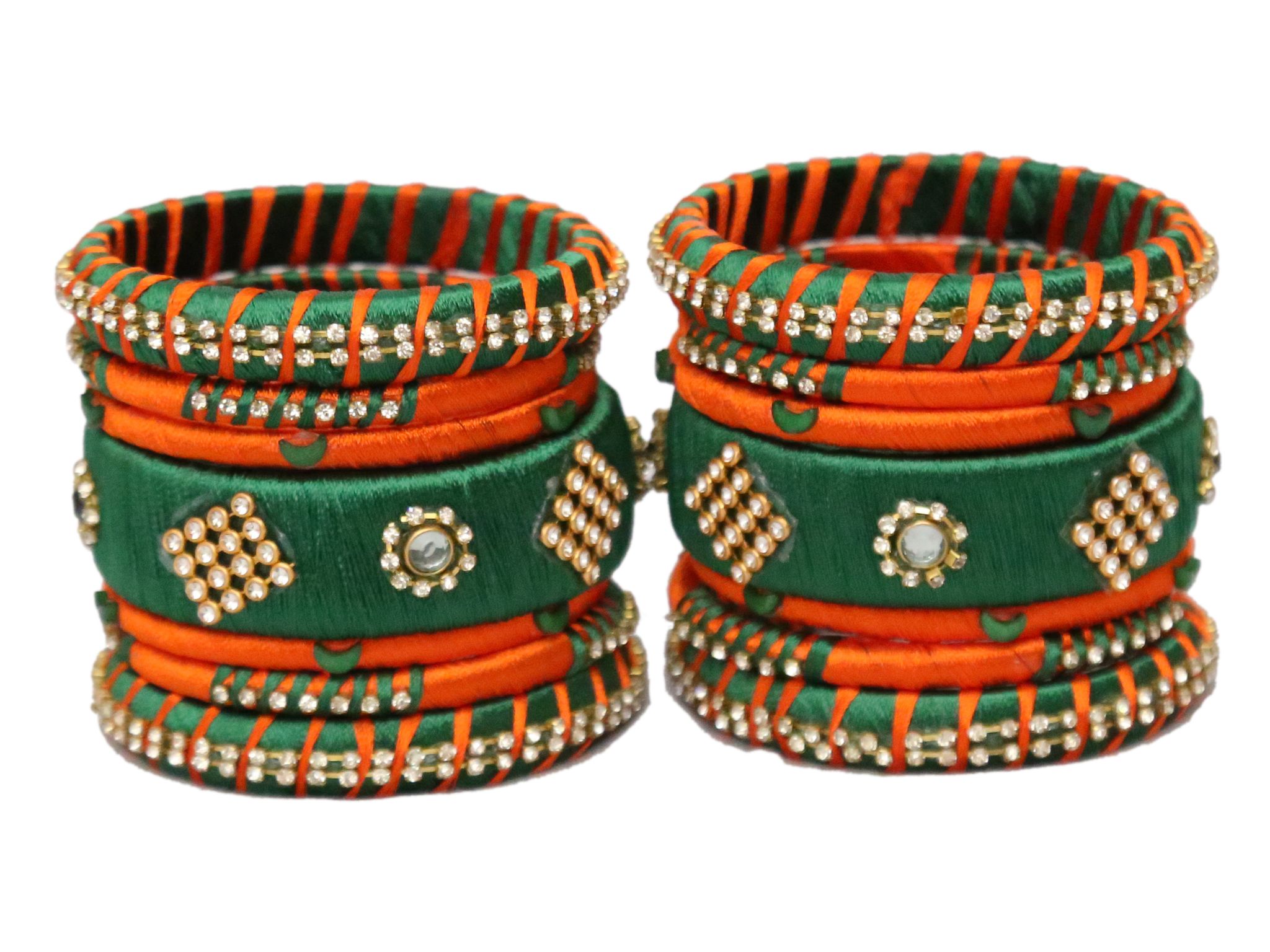 BENIWAL COLLECTION New Traditional Handmade Kundan Silk Thread Bangles Set ,Latest Beautiful Churiya for Ladies and girls Party and Casual Wear GREEN & Orange (Set of 14)