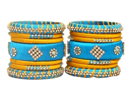 BENIWAL COLLECTION New Handmade Kundan Silk Thread Bangles Set ,Latest Beautiful Churiya for Ladies and girls Party and Casual Wear Blue & Yellow (Set of 14)