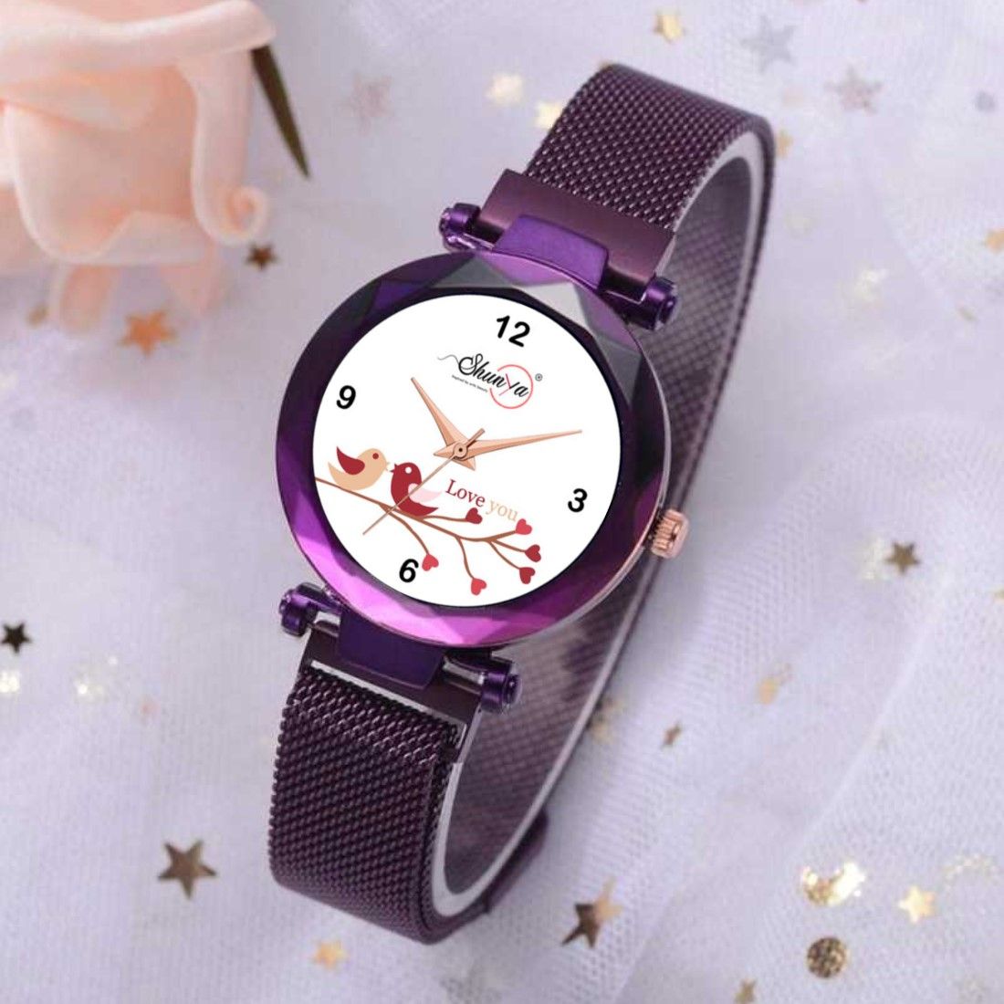 Bhakti Fashion Purple Mesh Magnetic Love Dial Analog Watch For Women & Girls