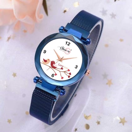 Bhakti Fashion Blue Mesh Magnetic Love Dial Analog Watch For Women & Girls