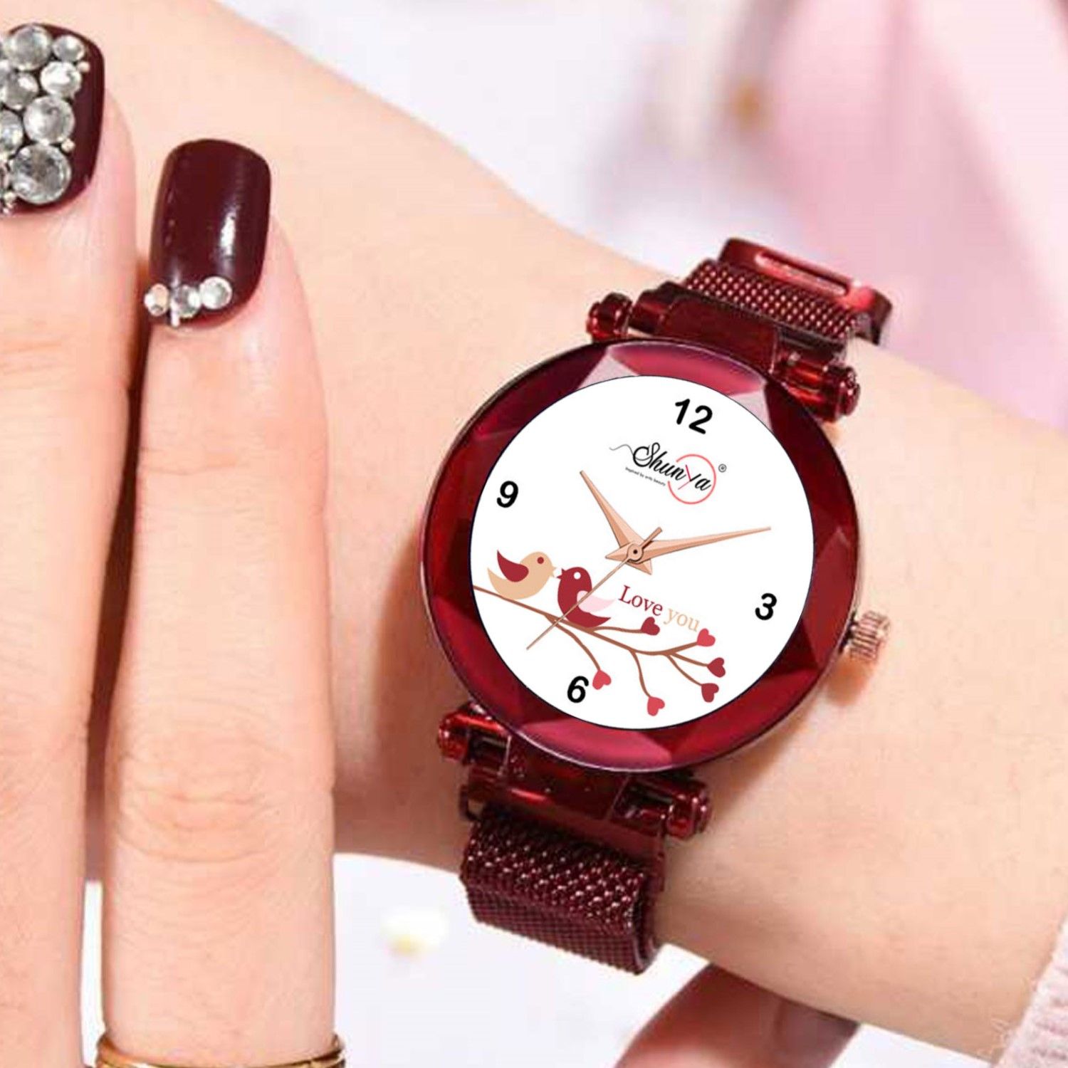 Bhakti Fashion Red Mesh Magnetic Love Dial Analog Watch For Women & Girls