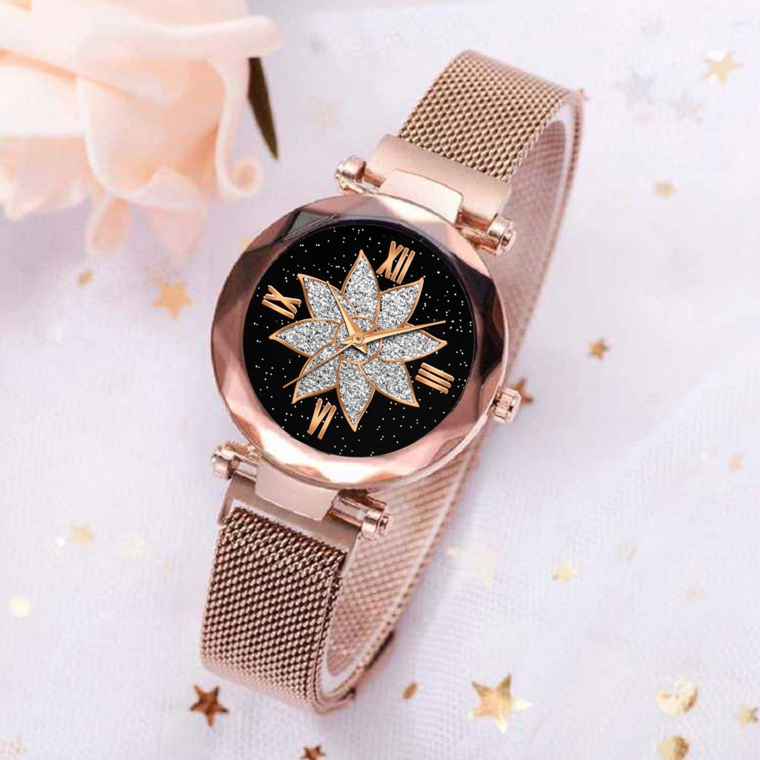 Bhakti Fashion Golden Mesh Magnetic  Stylish Design Analog Watch For Women & Girls