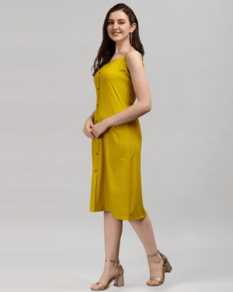 ATTIRIS Women's Crepe Solid Buttoned A-Line Midi Shoulder Strap Dress, Mustard Yellow
