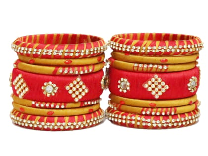 BENIWAL COLLECTION Handmade Kundan Silk Thread Bangles Set ,Party and Casual Wear for Women Red & Golden (Set of 14)