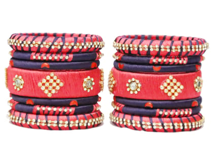 BENIWAL COLLECTION Handmade Kundan Silk Thread Bangles Set ,Bangles for Women and Girls ,Pink & Navy Blue (set of 14)