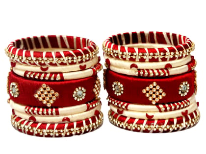 BENIWAL COLLECTION Handmade Kundan Silk Thread Bangles Set ,Latest Beautiful Churiya for Ladies and girls Party and Casual Wear for Women , Mahroon & Off White (set of 14)