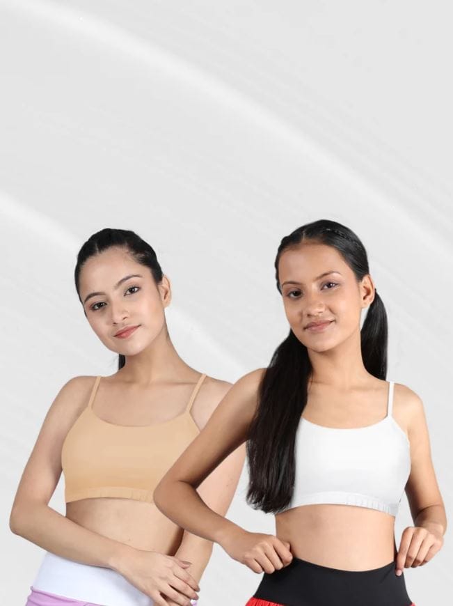 Slip-on Strapless Bra for Teenagers, Girls Beginners Bra Sports Cotton Non-Padded Stylish Crop Top Bra Full Coverage Seamless Non-Wired Gym Workout Training Bra for Kids (Pack of 2)