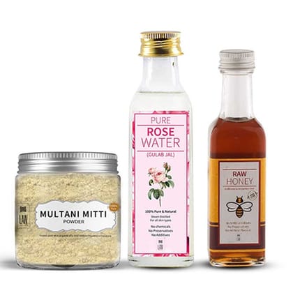 Herbal Face Pack (Combo Offer) -Ayurvedic Multani Mitti Powder (Fuller Earth Stone) -100 gm + 100 ML Honey + 100 ML Rose Water