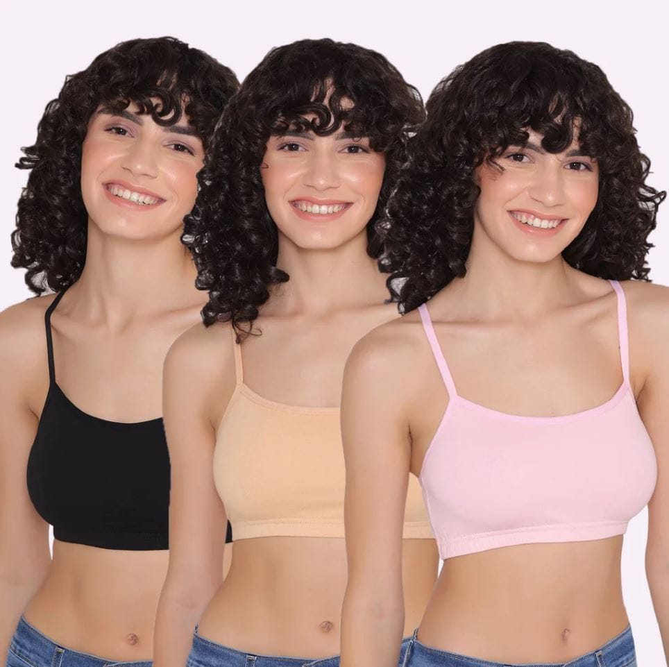 Slip-on Strapless Bra for Teenagers, Girls Beginners Bra Sports Cotton Non-Padded Stylish Crop Top Bra Full Coverage Seamless Non-Wired Gym Workout Training Bra for Kids (Pack of 3)