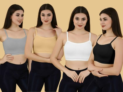 Slip-on Strapless Bra for Teenagers, Girls Beginners Bra Sports Cotton Non-Padded Stylish Crop Top Bra Full Coverage Seamless Non-Wired Gym Workout Training Bra for Kids (Pack of 4)