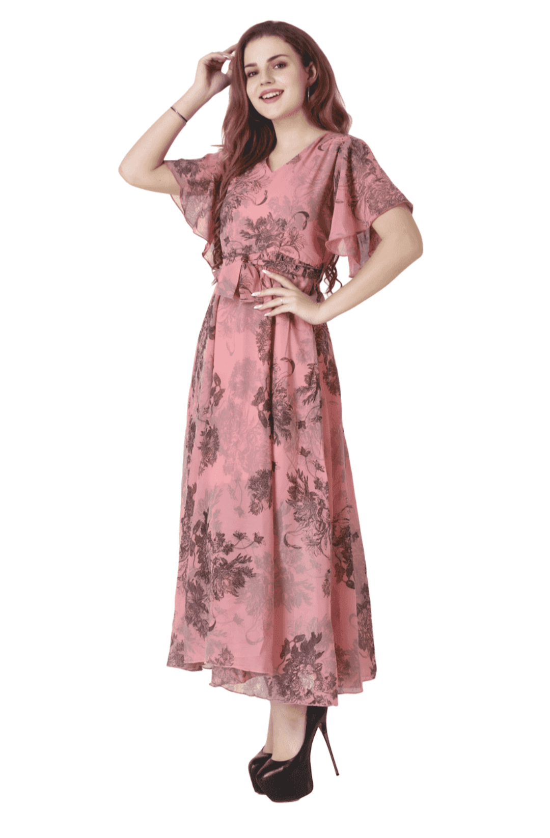 ATTIRIS Women's Georgette Floral Printed Fit and Flared Maxi Length Dress with Belt, V - Neck, Short Sleeve