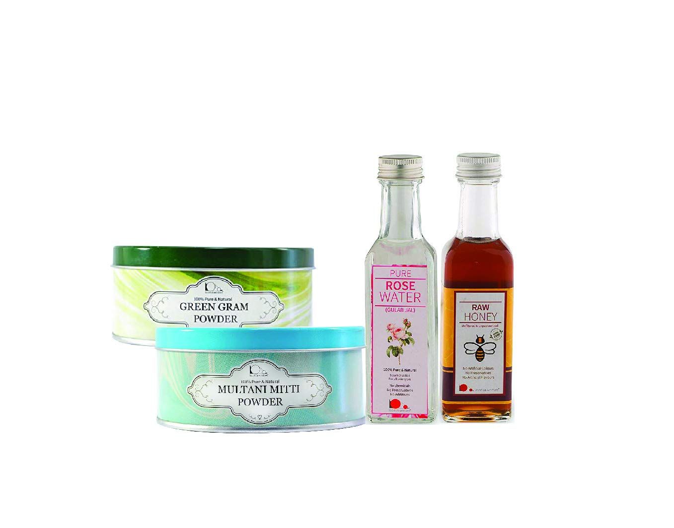 Gift Pack of Natural Skin care products (100 gm Green Gram Powder + 100 gm Multani Mitti Powder + 100 ml Rose Water + 100 ml Honey)