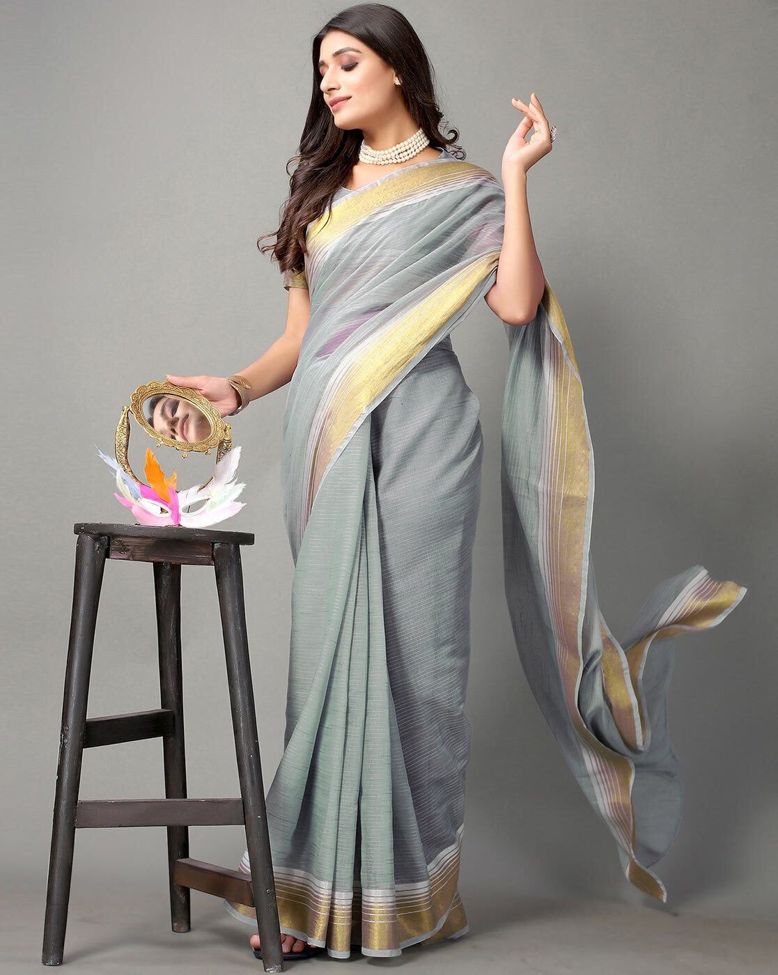 Greenish Grey Silk Embroidered Saree|SARV151314