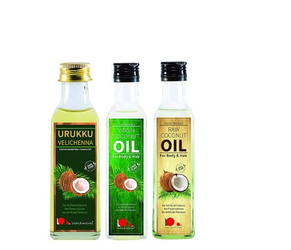 Gift Pack of Coconut Oils for Hair & Skin – ( 200 ml Each) Urukku Velichenna + Raw Coconut Oil + Cold Pressed Coconut Oil