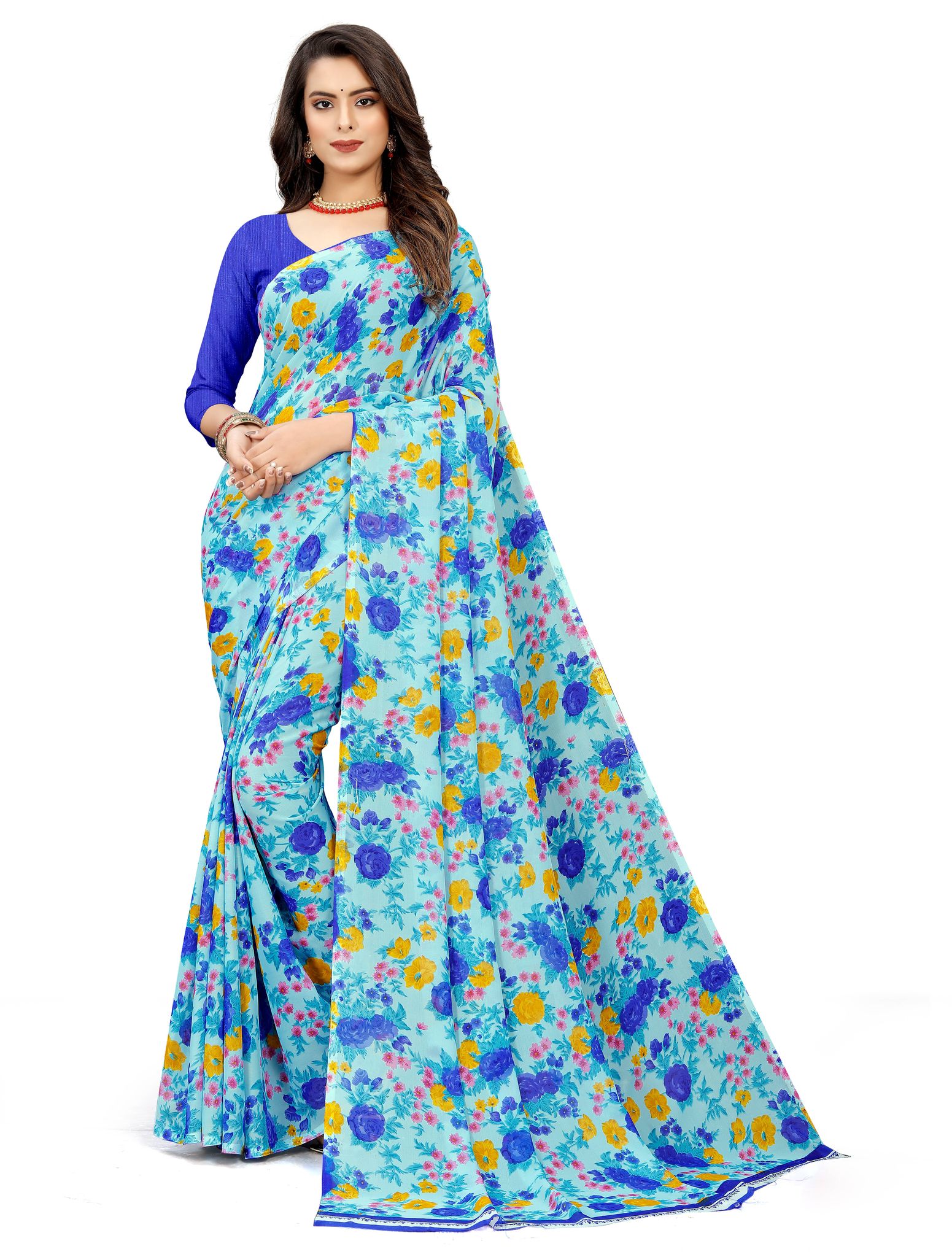 Blue Floral Printed Georgette Saree