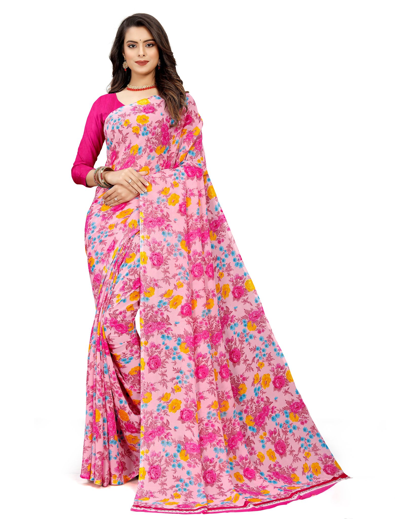 Pink Floral Printed Georgette Saree