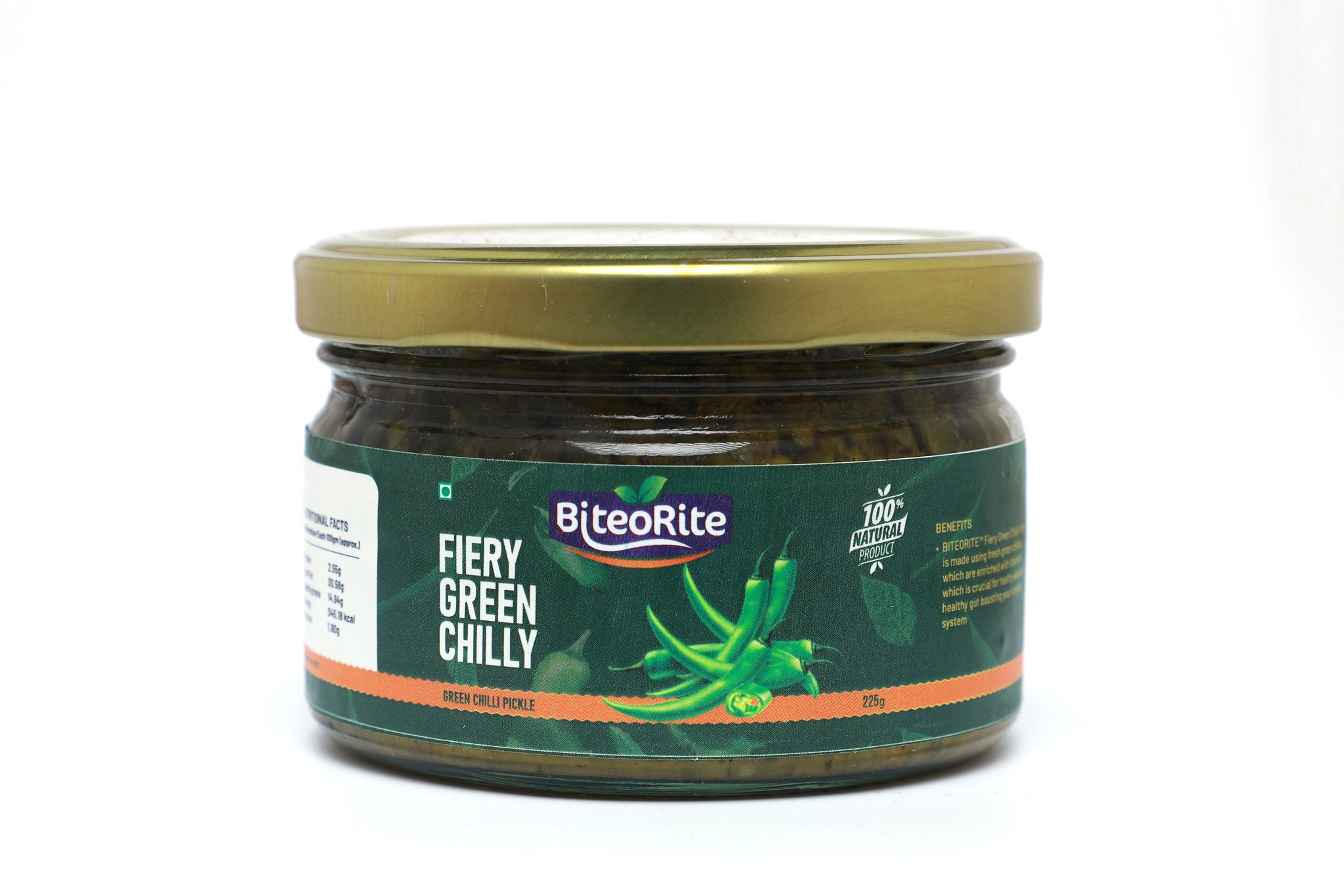 Biteorite Fiery Green Chilly Pickle, 225g