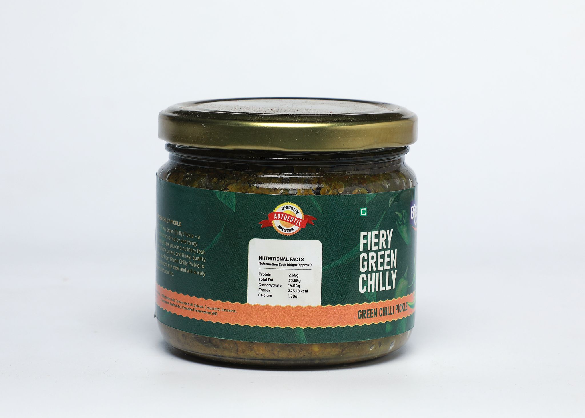 Biteorite Fiery Green Chilly Pickle, 350g