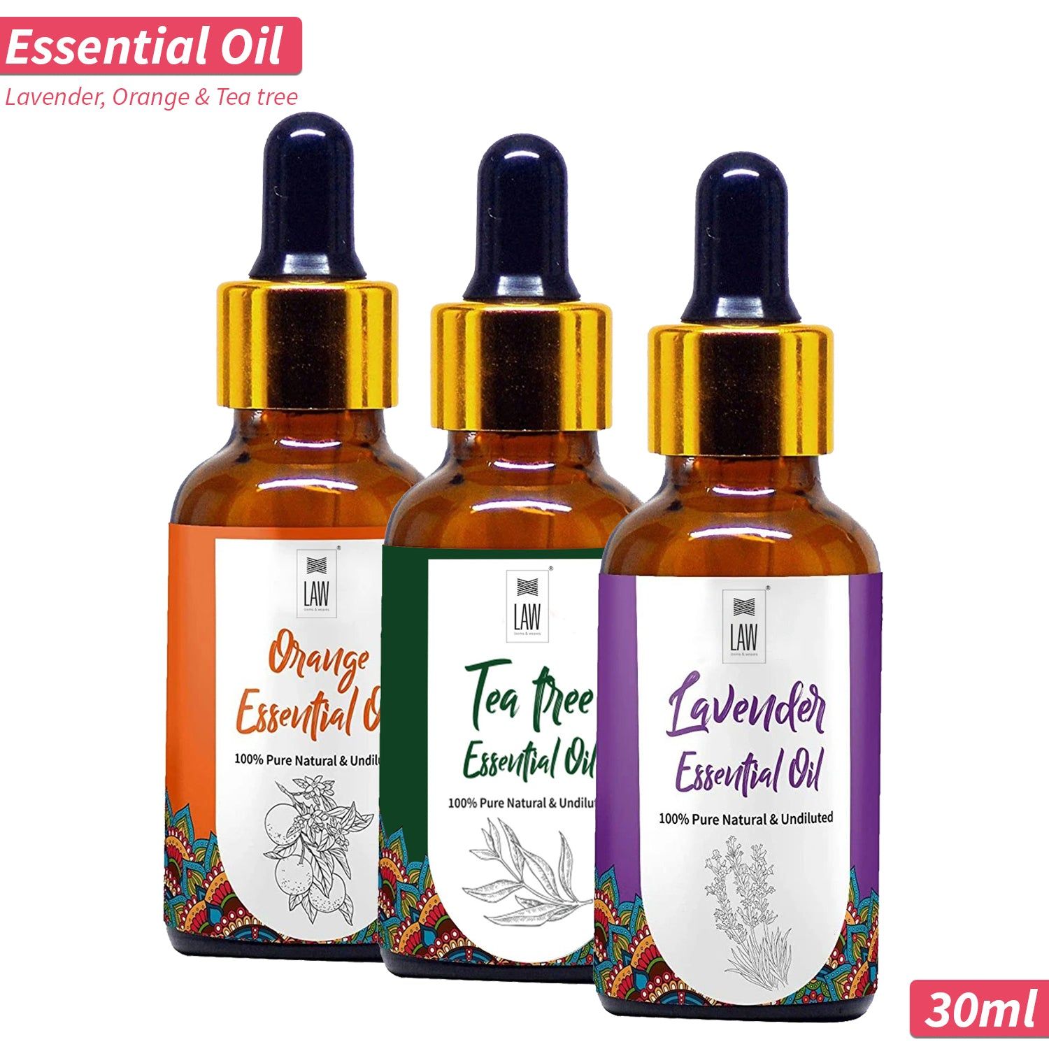 Gift Pack of Essential Oils – Natural Essential oils Gift Pack of 3 (30 ml each) – Lavender, Orange & Tea tree