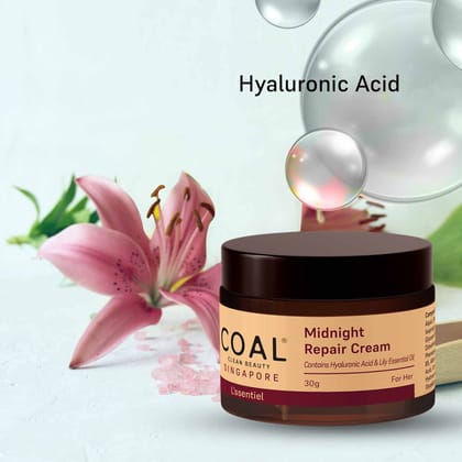 COAL Clean Beauty Midnight Repair Cream | Lily Essential Oil, Vitamin B5, Hyaluronic Acid, Sunflower Seed Oil, Cocoa Butter |Brightening Cream For Women | 30g