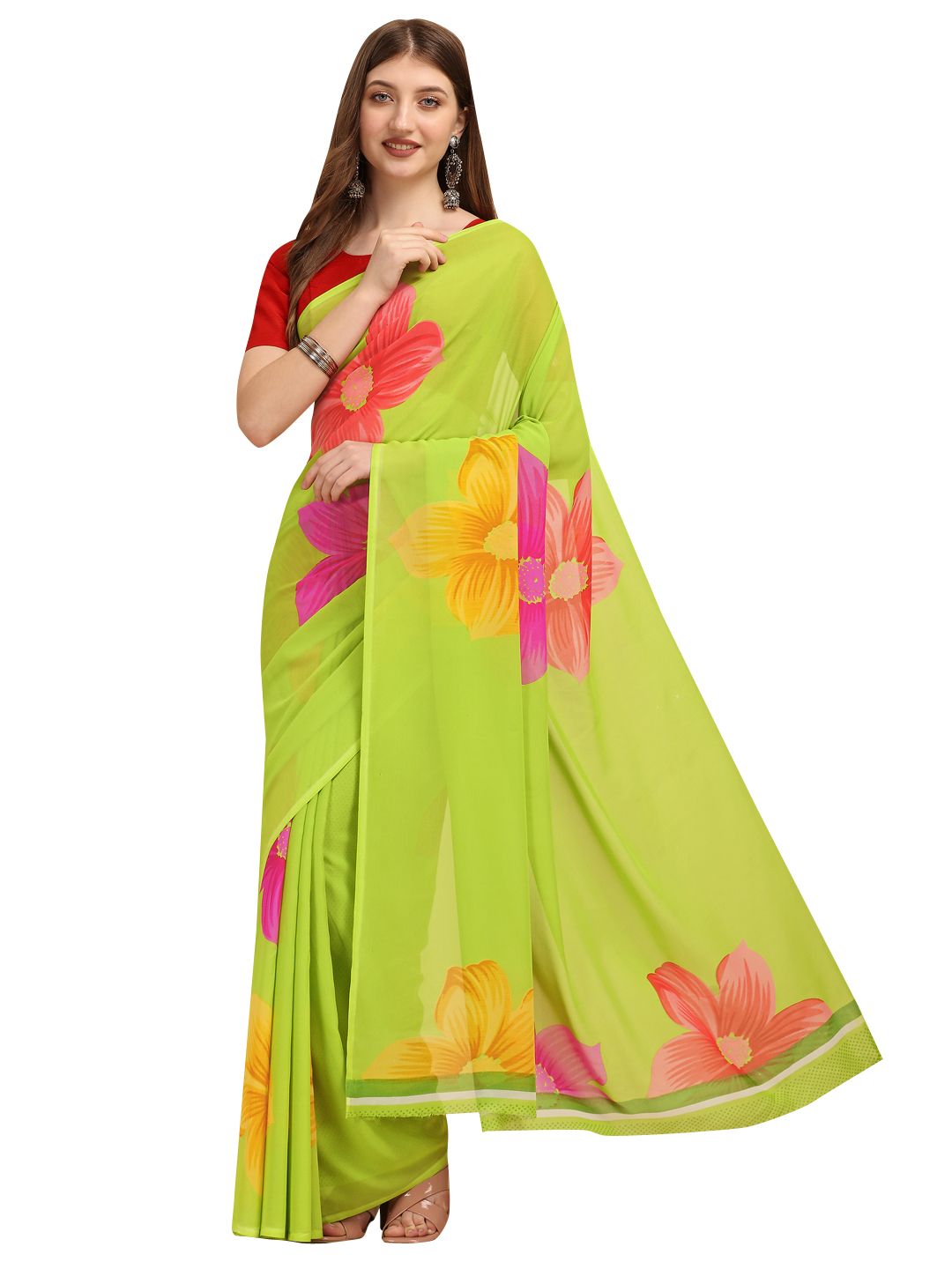 Green Georgette Printed Women Casual Wear Saree