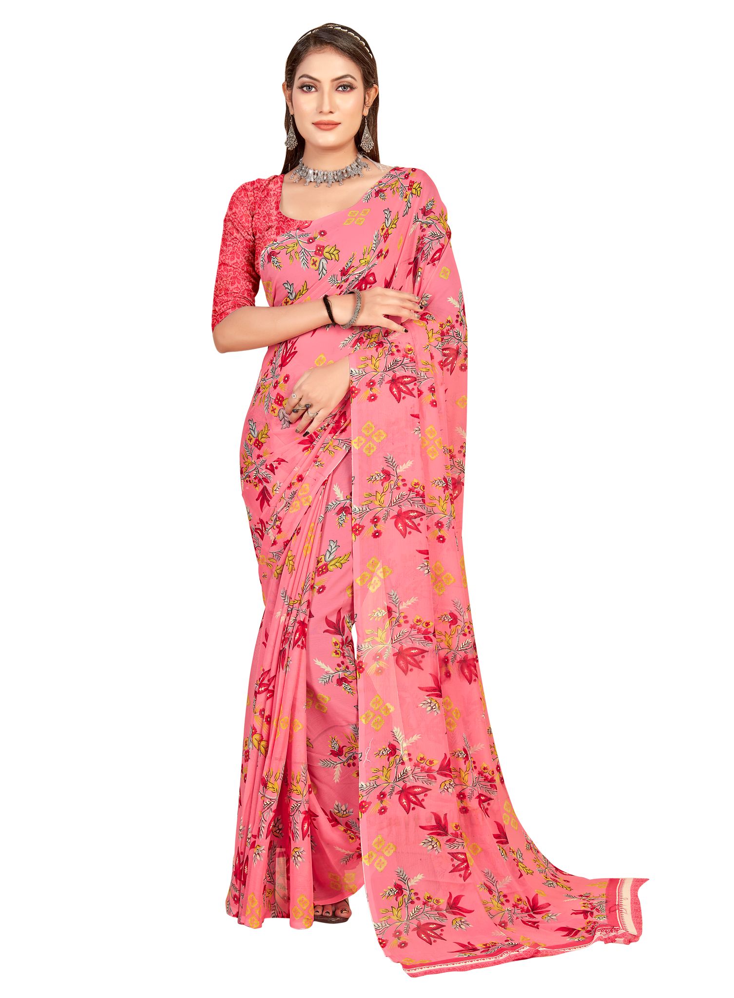 Pink Georgette Printed Women Casual Wear Saree