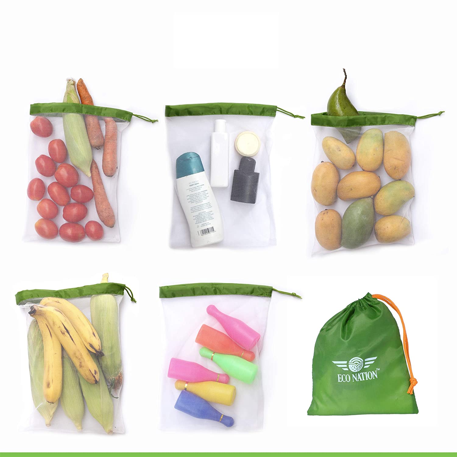 Eco Nation Multipurpose Mesh Bag Vegetable, Fruit Storage Drawstring Bag (Set of Five with Multipurpose Storage Pouch)(MADE IN INDIA)