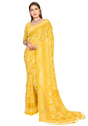 Yellow Georgette Printed Women Casual Wear Saree