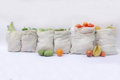 Eco Nation Natural Cotton Multipurpose Fridge Bags for Fruits & Vegetables- Pack of 6