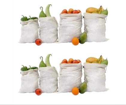 Eco Nation Natural Cotton Multipurpose Fridge Bags for Fruits & Vegetables, Kitchen Storage Fridge Storage Containers Set - Pack of 8