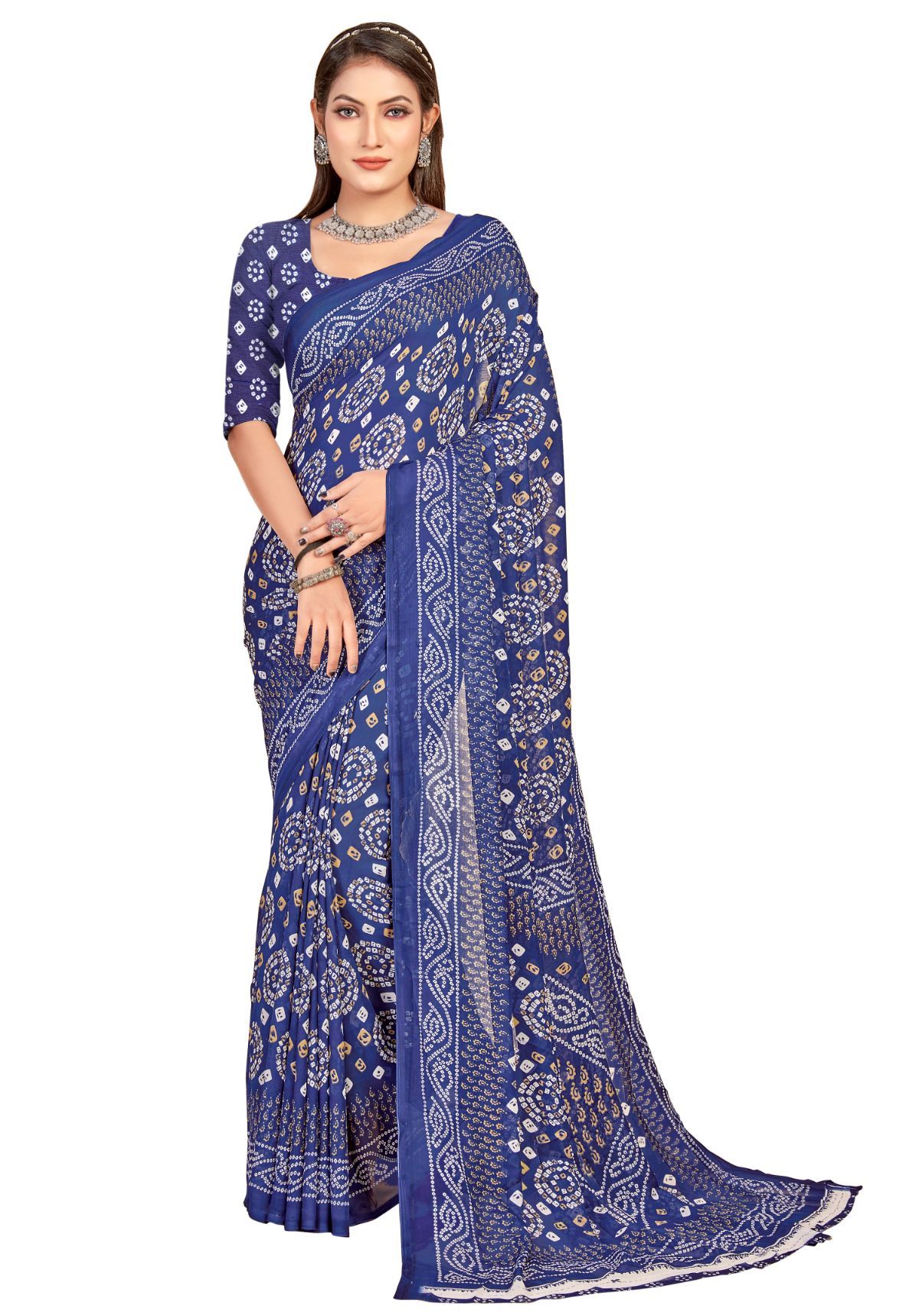 Navy blue Georgette Printed Women Casual Wear Saree