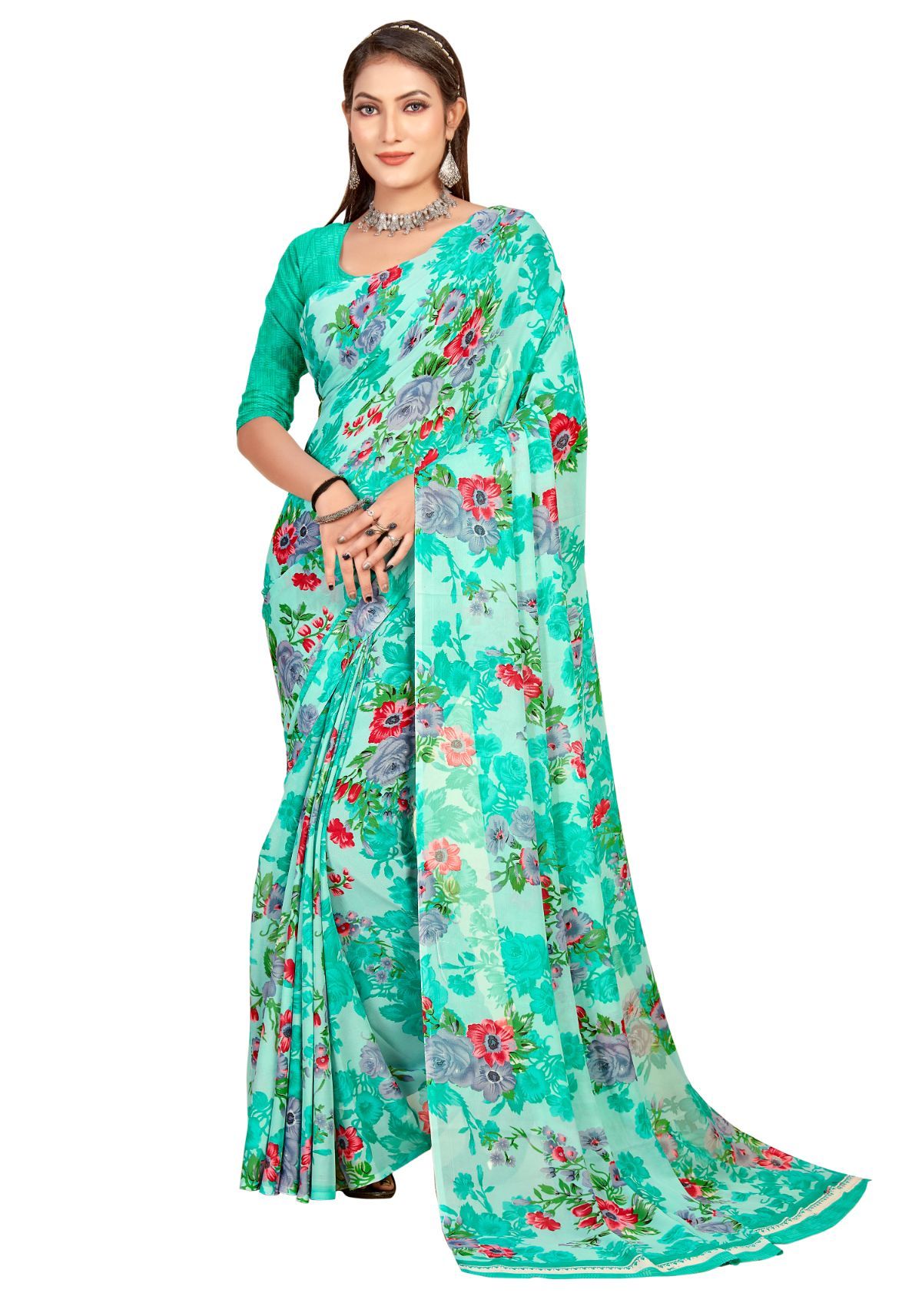 Green Georgette Printed Women Casual Wear Saree