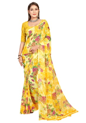 Yellow Georgette Printed Women Casual Wear Saree