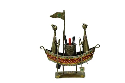 ISHARAA Home Decor Metal Antique Decorative Boat with Pen Stand Office Table Top & Decorative Item