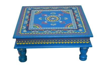 ISHARAA Home Decor Jodhpuri Bajoth/Pooja Chowki Decorated with Glass and Stones (Medium, Sky Blue)