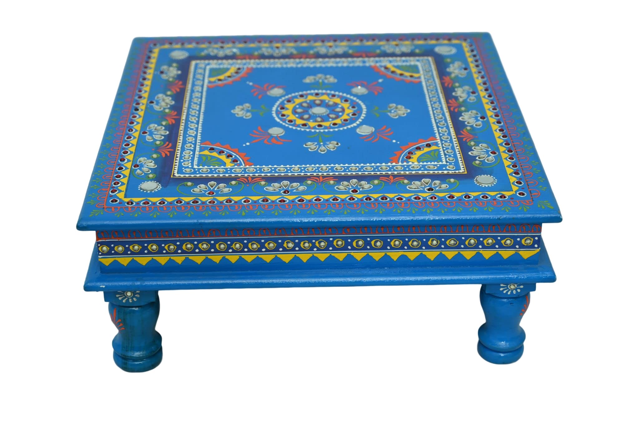 ISHARAA Home Decor Jodhpuri Bajoth/Pooja Chowki Decorated with Glass and Stones (Medium, Sky Blue)